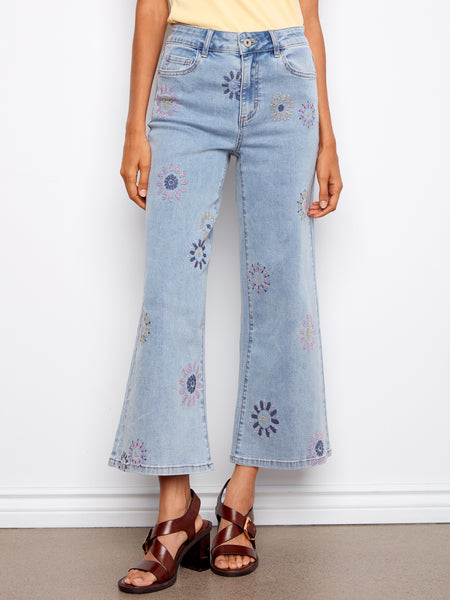 CHARLIE B C5779 WIDE LEG STRETCH DENIM PANTS WITH ALL OVER PIXELATED FLOWER EMBROIDERY
