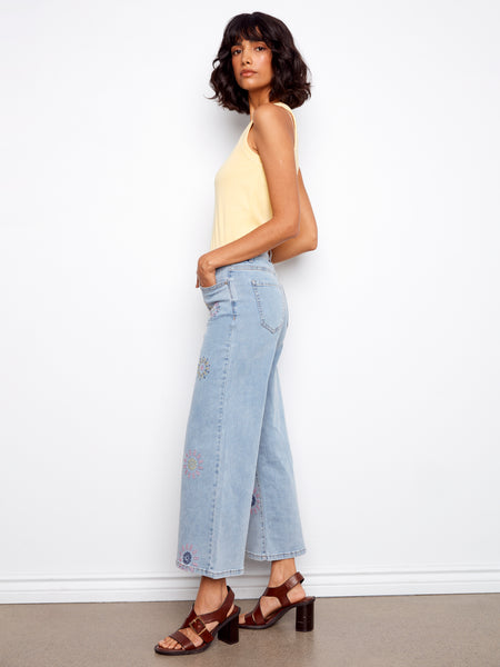CHARLIE B C5779 WIDE LEG STRETCH DENIM PANTS WITH ALL OVER PIXELATED FLOWER EMBROIDERY