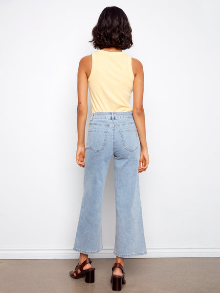 CHARLIE B C5779 WIDE LEG STRETCH DENIM PANTS WITH ALL OVER PIXELATED FLOWER EMBROIDERY