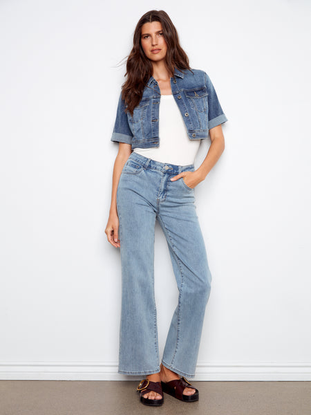 CHARLIE B C6112RR CROPPED SHORT SLEEVE STRETCH DENIM JACKET 2 colours
