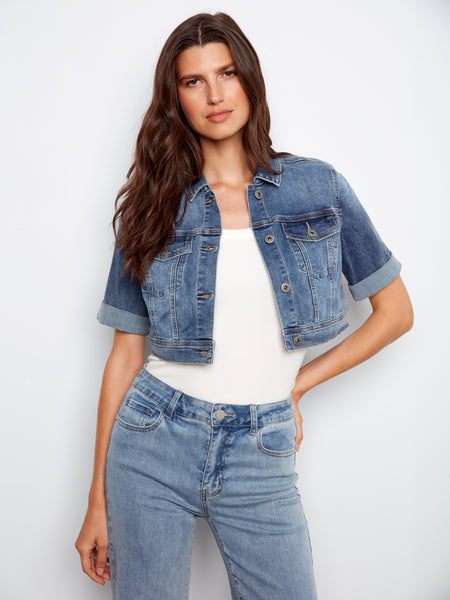 CHARLIE B C6112RR CROPPED SHORT SLEEVE STRETCH DENIM JACKET 2 colours