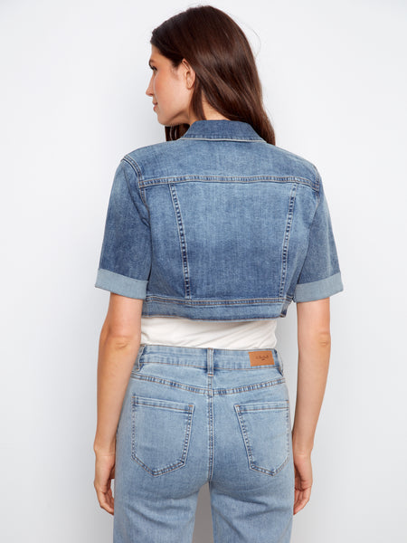 CHARLIE B C6112RR CROPPED SHORT SLEEVE STRETCH DENIM JACKET 2 colours