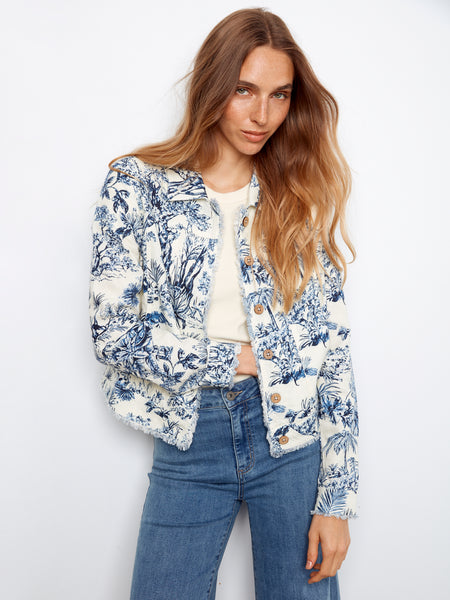CHARLIE B C6199TP PRINTED LINEN JACKET WITH FRAYED HEM