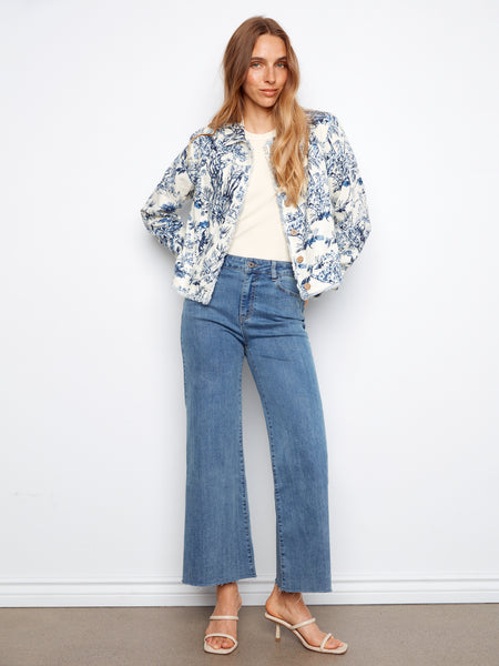 CHARLIE B C6199TP PRINTED LINEN JACKET WITH FRAYED HEM