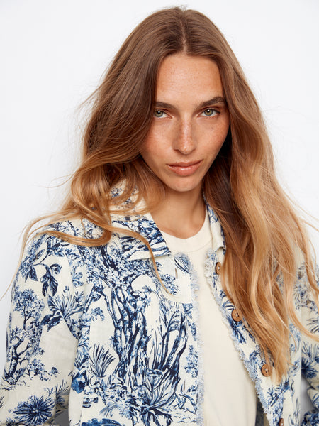 CHARLIE B C6199TP PRINTED LINEN JACKET WITH FRAYED HEM