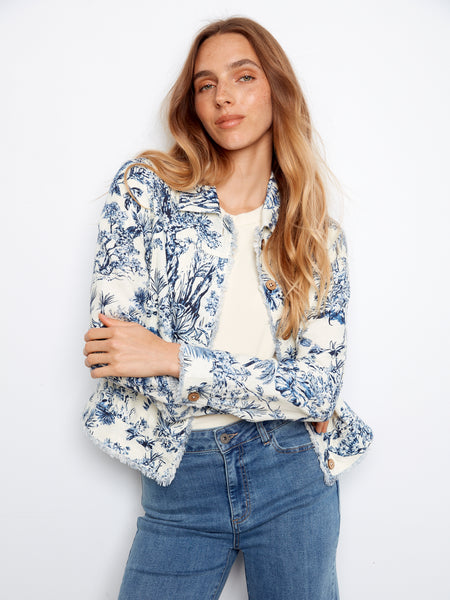 CHARLIE B C6199TP PRINTED LINEN JACKET WITH FRAYED HEM