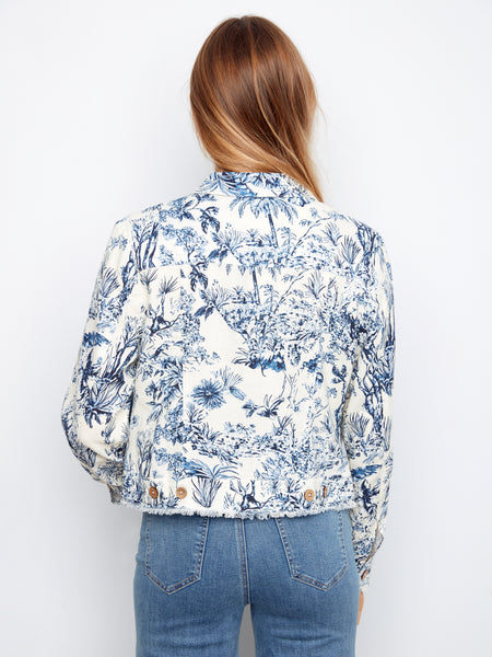 CHARLIE B C6199TP PRINTED LINEN JACKET WITH FRAYED HEM
