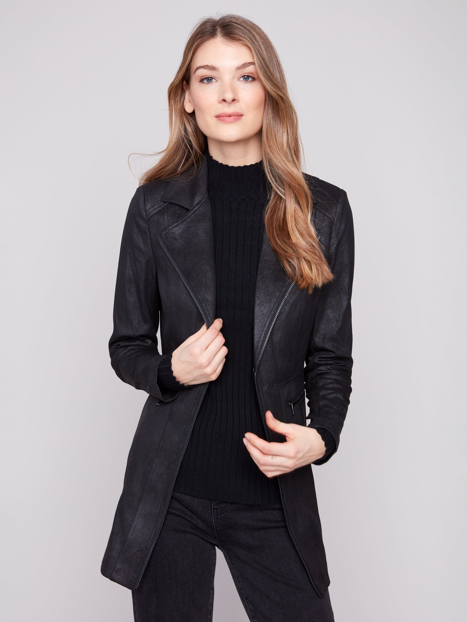 CHARLIE B C6270RR VINTAGE TEXTURE FAUX SUEDE LONG JACKET- 2 COLOURS