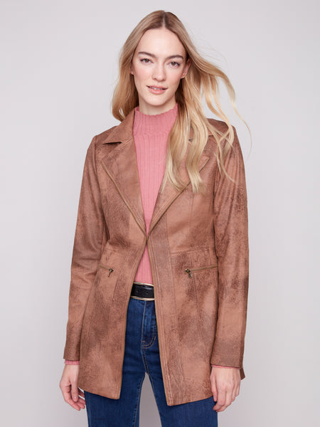 CHARLIE B C6270RR VINTAGE TEXTURE FAUX SUEDE LONG JACKET- 2 COLOURS