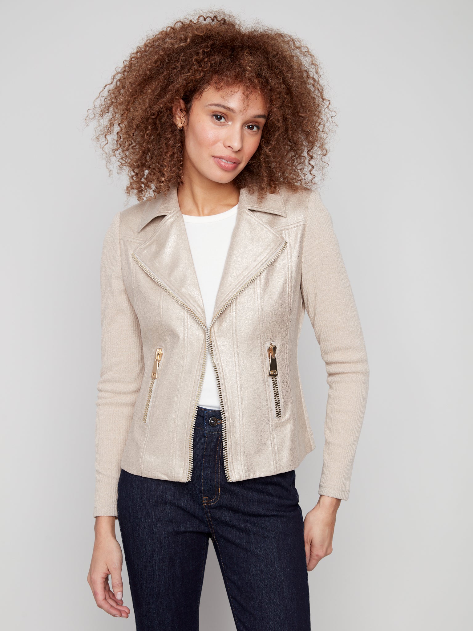 CHARLIE B C6273X FOIL VINTAGE LEATHER AND RIB KNIT COMBO PERFECTO