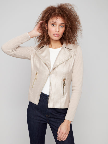 CHARLIE B C6273X FOIL VINTAGE LEATHER AND RIB KNIT COMBO PERFECTO