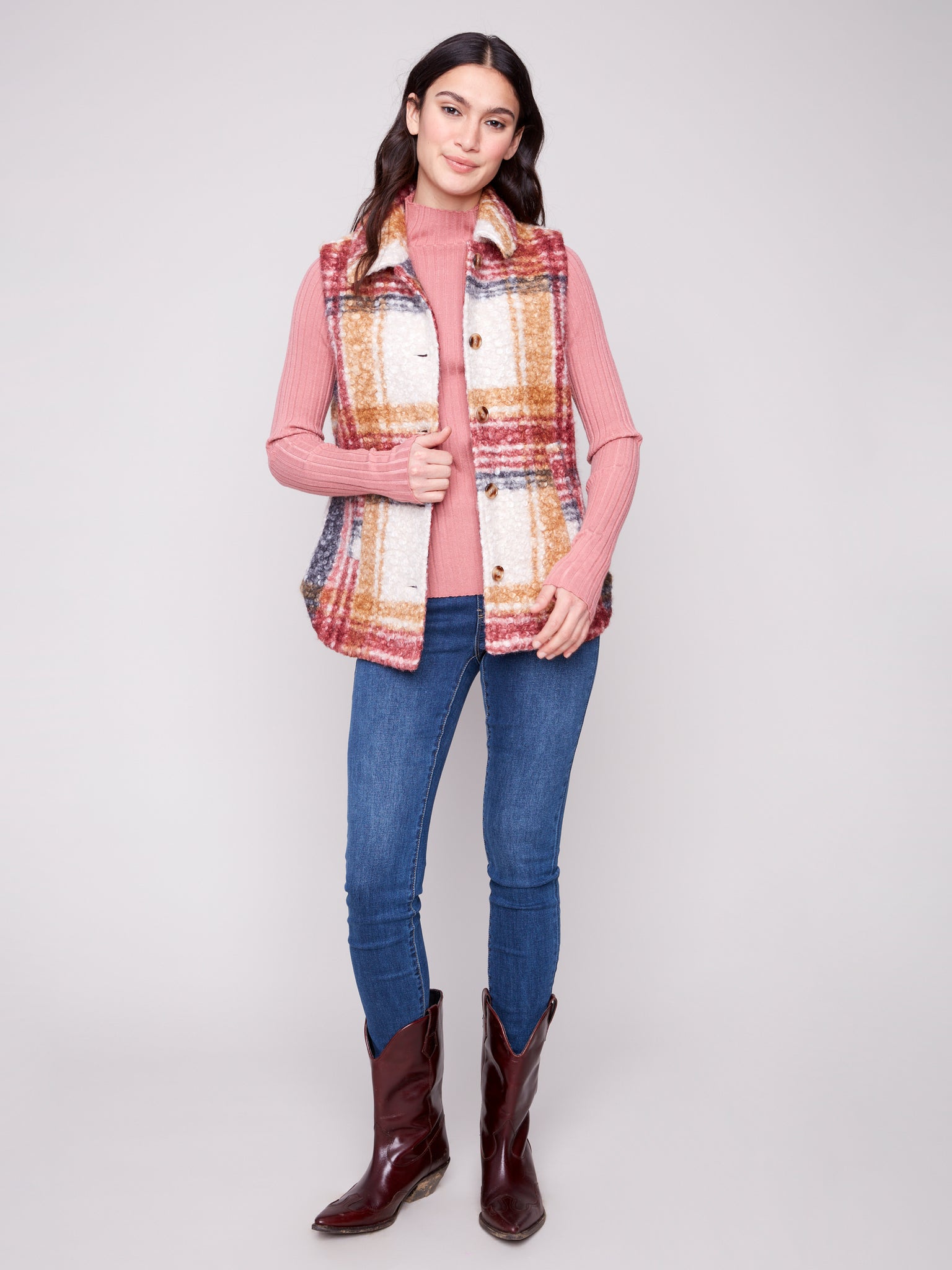 CHARLIE B C6319R PLAID BOUCLE KNIT VEST JACKET