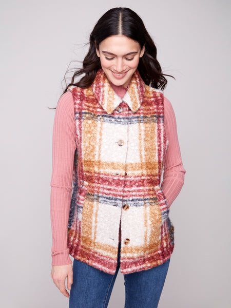 CHARLIE B C6319R PLAID BOUCLE KNIT VEST JACKET