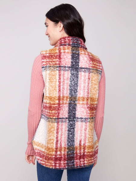 CHARLIE B C6319R PLAID BOUCLE KNIT VEST JACKET
