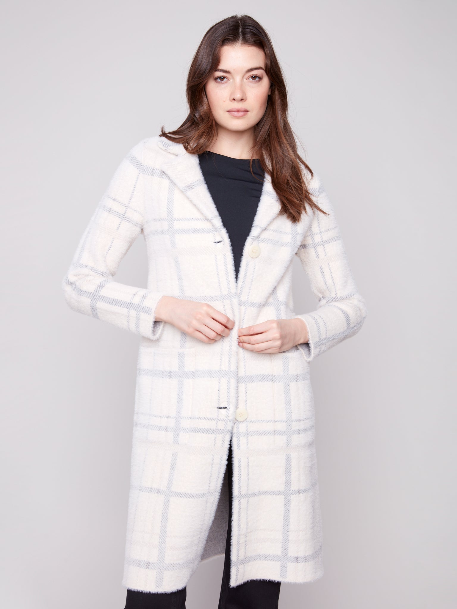 CHARLIE B C6326R PLAID KNIT COATIGAN