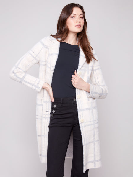 CHARLIE B C6326R PLAID KNIT COATIGAN