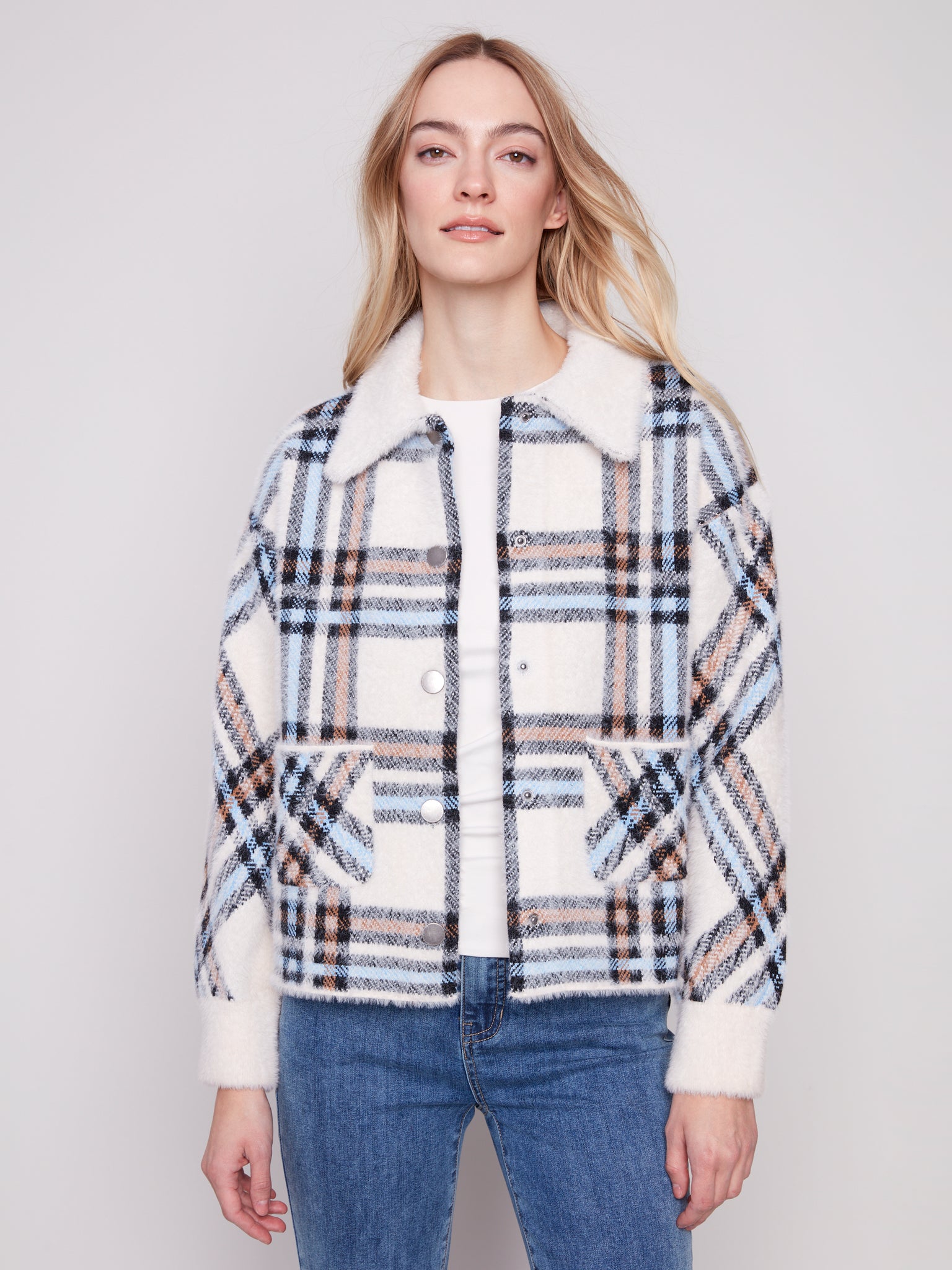 CHARLIE B C6330R SHORT KNIT PLAID JACKET