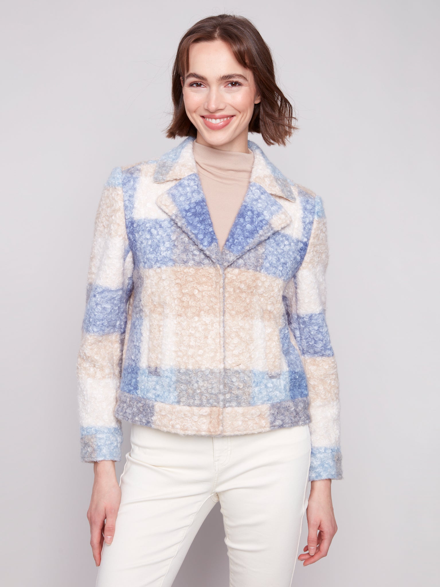 CHARLIE B C6334R PLAID BOUCLE KNIT SHORT JACKET