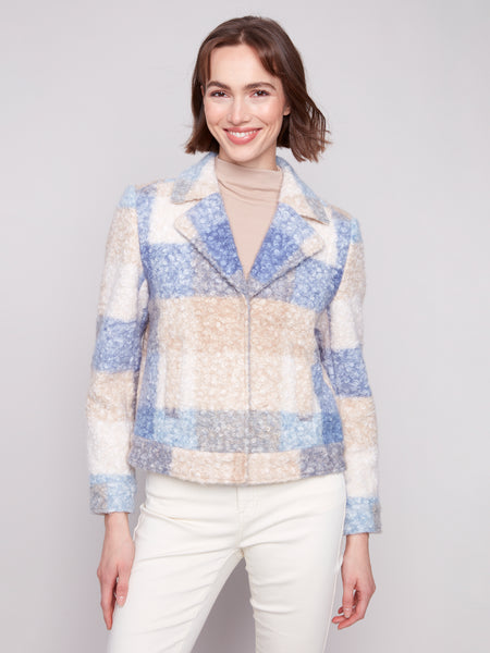 CHARLIE B C6334R PLAID BOUCLE KNIT SHORT JACKET