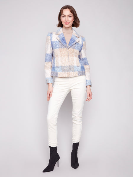 CHARLIE B C6334R PLAID BOUCLE KNIT SHORT JACKET