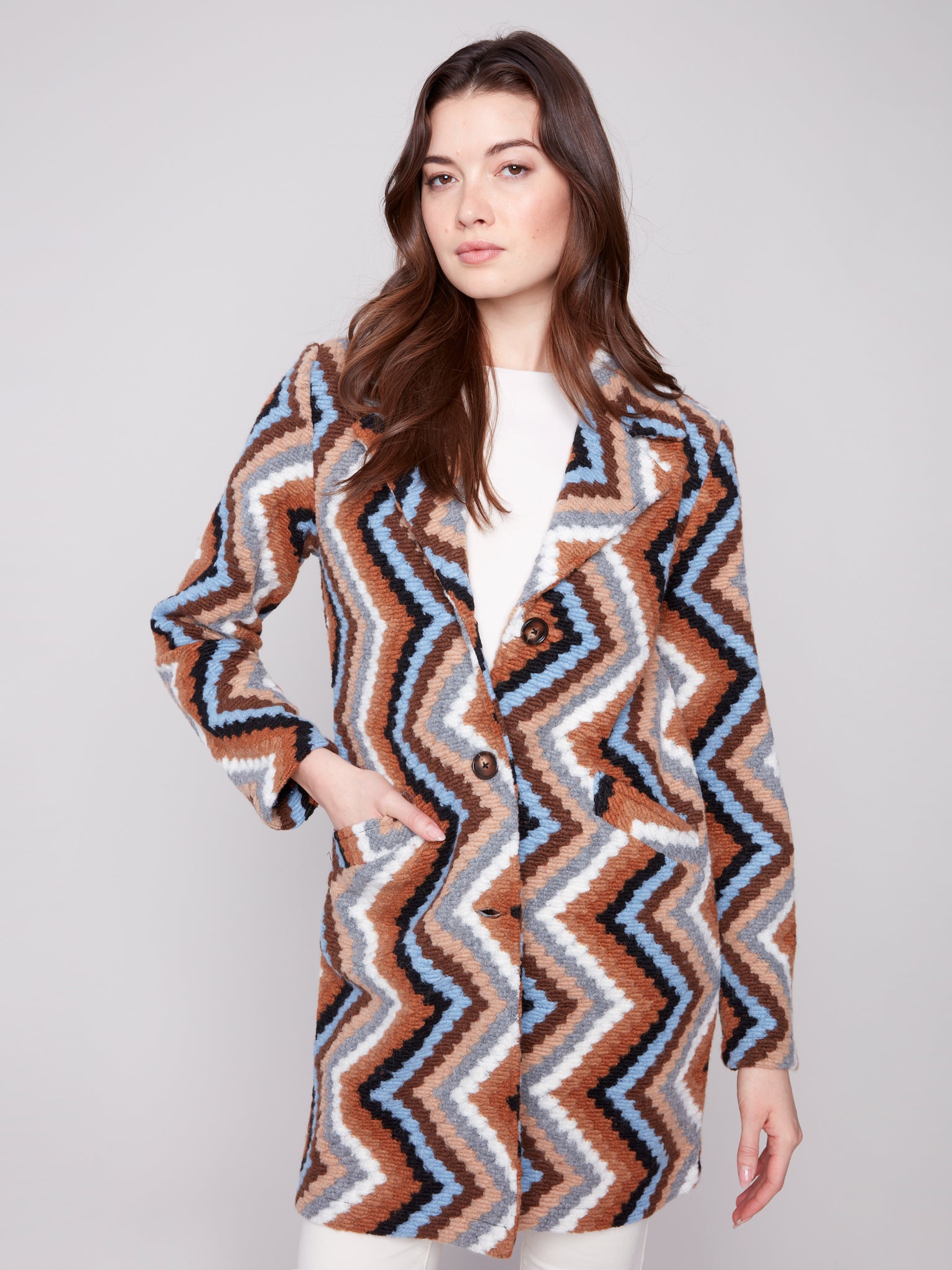 CHARLIE B C6346R CROCHET DESIGN LONG COAT WITH BUTTON CLOSURE
