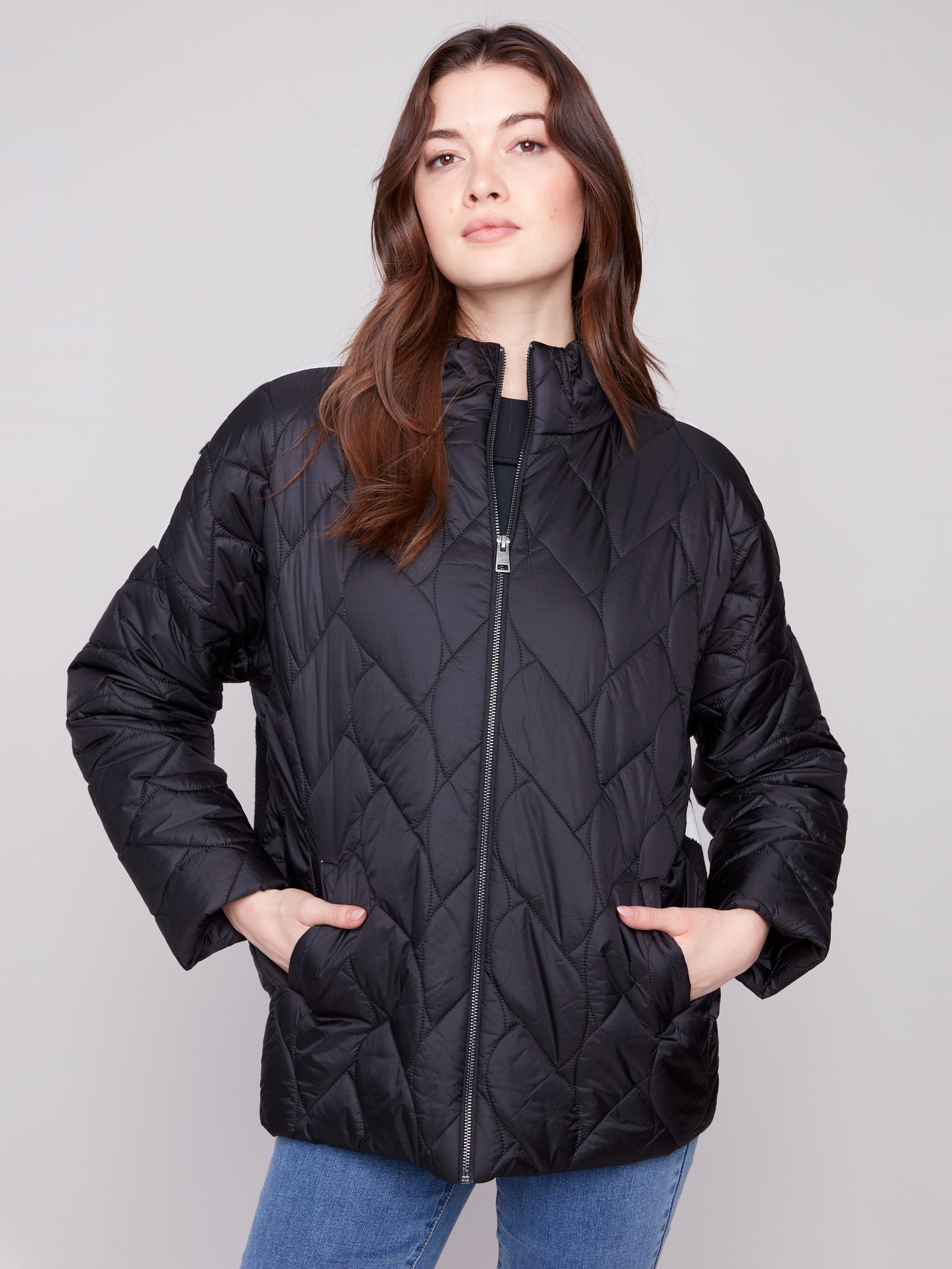 CHARLIE B C6373 QUILTED PUFFER JACKET WITH JACQUARD BACK