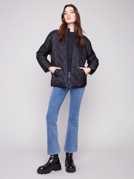 CHARLIE B C6373 QUILTED PUFFER JACKET WITH JACQUARD BACK