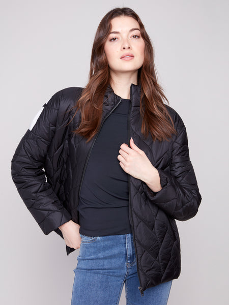 CHARLIE B C6373 QUILTED PUFFER JACKET WITH JACQUARD BACK