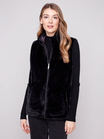 CHARLIE B C6374P PRINTED REVERSIBLE QUILTED FAUX FUR NYLON VEST