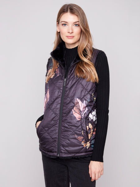 CHARLIE B C6374P PRINTED REVERSIBLE QUILTED FAUX FUR NYLON VEST