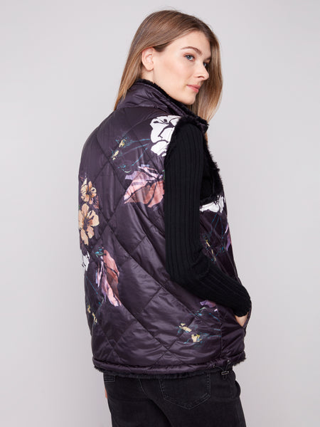 CHARLIE B C6374P PRINTED REVERSIBLE QUILTED FAUX FUR NYLON VEST