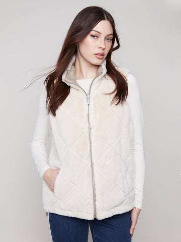 CHARLIE B C6374 SOLID REVERSIBLE QUILTED FAUX FUR NYLON VEST