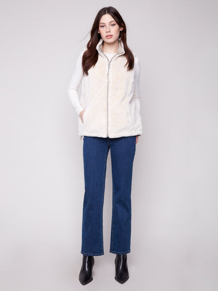 CHARLIE B C6374 SOLID REVERSIBLE QUILTED FAUX FUR NYLON VEST