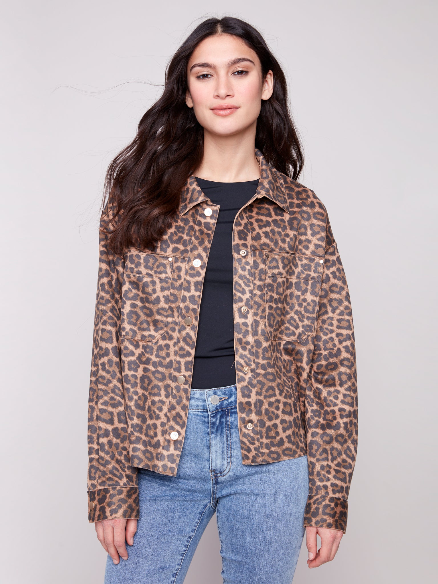 CHARLIE B C6375 LEOPARD PRINTED SCUBA SHORT COAT