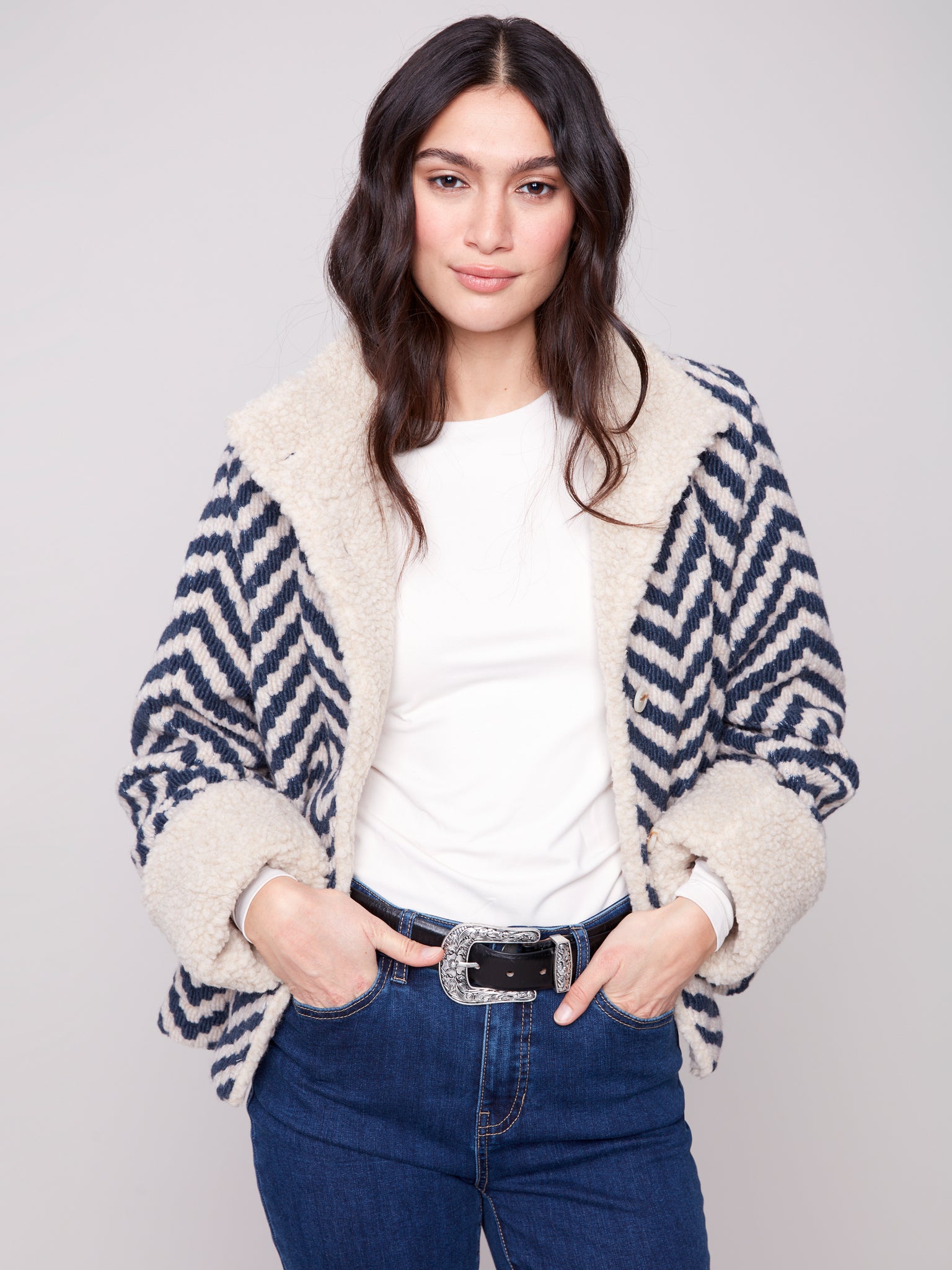 CHARLIE B C6379 CHEVRON BOUCLE SHORT JACKET WITH SHERPA TRIM- 2 COLOURS