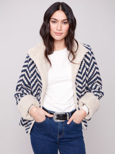 CHARLIE B C6379 CHEVRON BOUCLE SHORT JACKET WITH SHERPA TRIM- 2 COLOURS