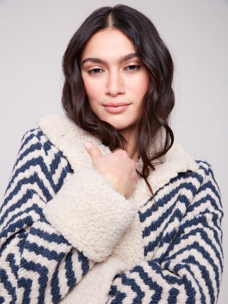 CHARLIE B C6379 CHEVRON BOUCLE SHORT JACKET WITH SHERPA TRIM- 2 COLOURS