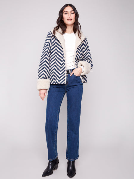 CHARLIE B C6379 CHEVRON BOUCLE SHORT JACKET WITH SHERPA TRIM- 2 COLOURS