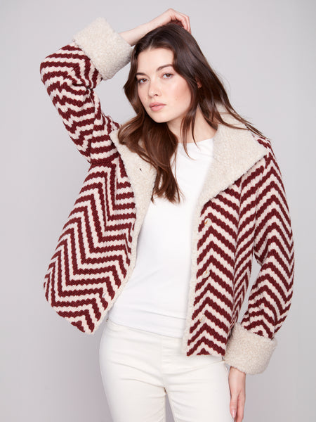 CHARLIE B C6379 CHEVRON BOUCLE SHORT JACKET WITH SHERPA TRIM- 2 COLOURS