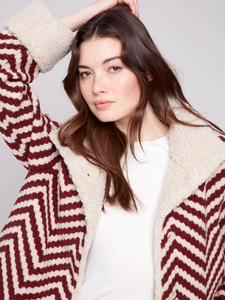 CHARLIE B C6379 CHEVRON BOUCLE SHORT JACKET WITH SHERPA TRIM- 2 COLOURS