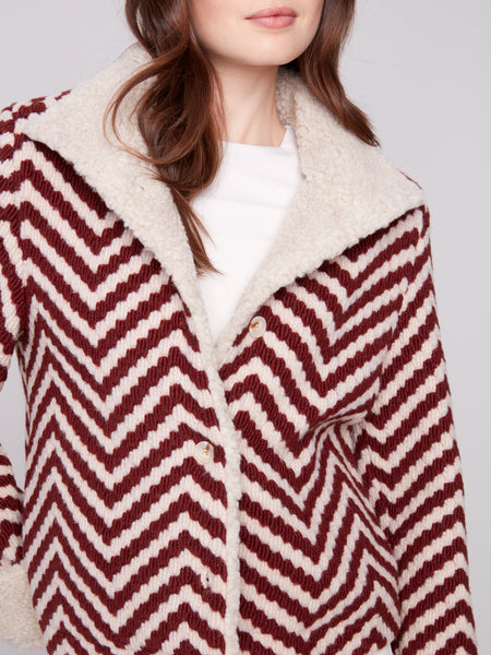 CHARLIE B C6379 CHEVRON BOUCLE SHORT JACKET WITH SHERPA TRIM- 2 COLOURS