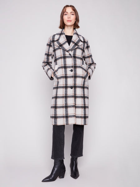 CHARLIE B C6382 LONG PLAID LUREX COAT