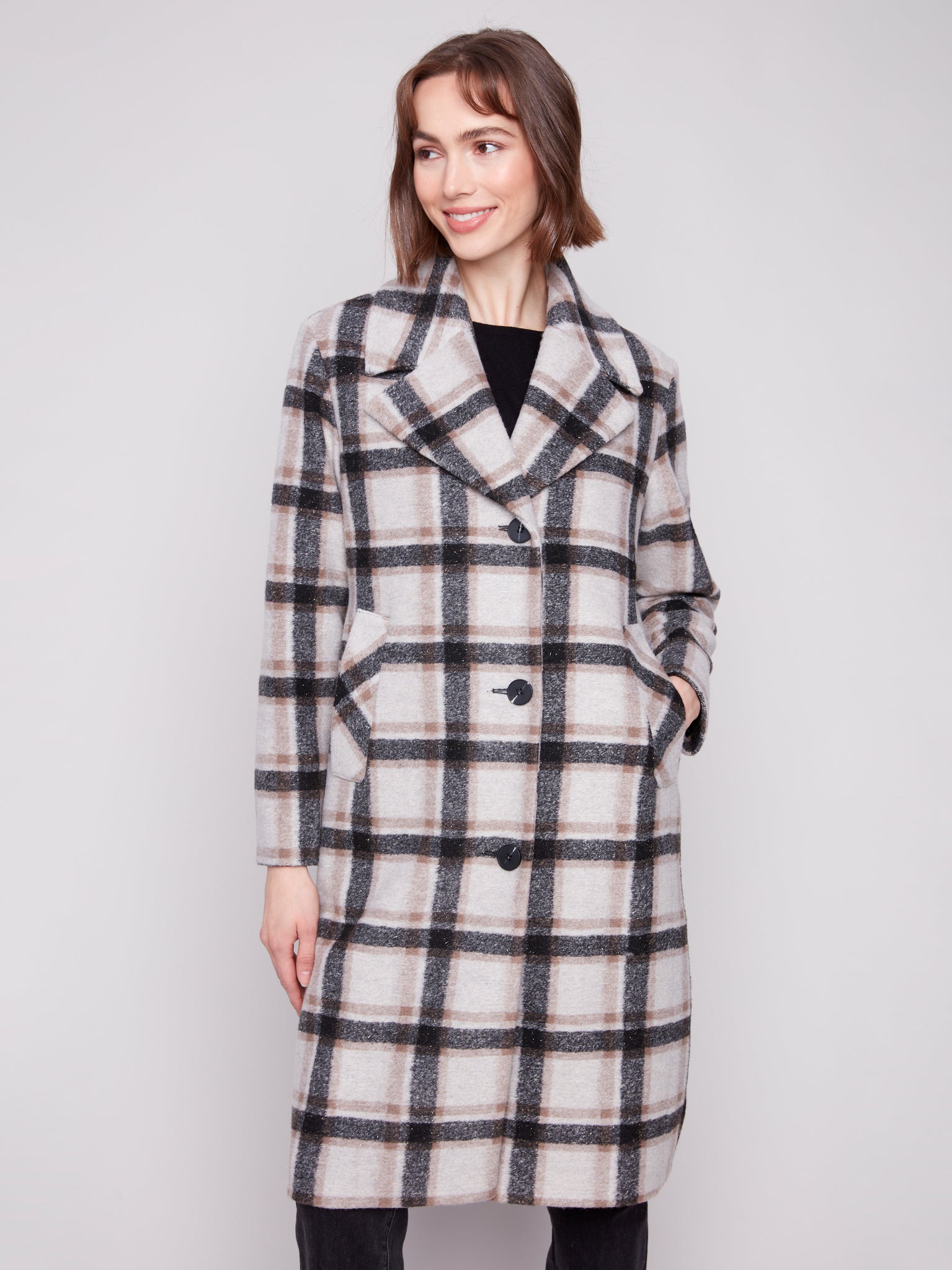CHARLIE B C6382 LONG PLAID LUREX COAT