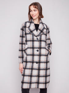 CHARLIE B C6382 LONG PLAID LUREX COAT