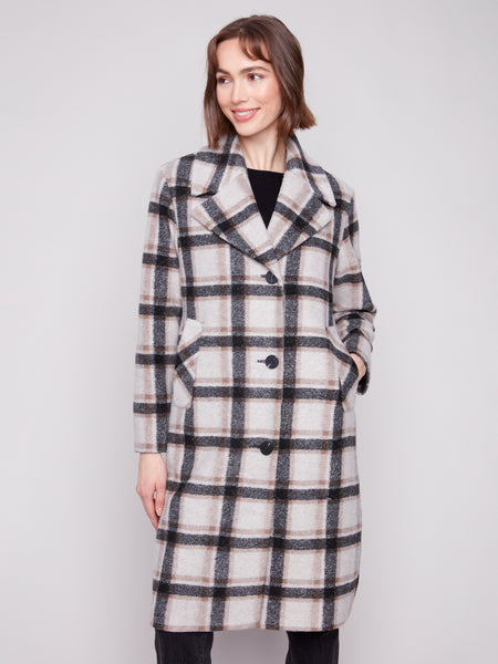 CHARLIE B C6382 LONG PLAID LUREX COAT