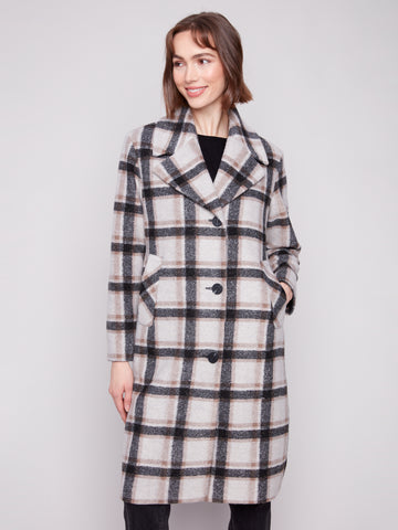 CHARLIE B C6382 LONG PLAID LUREX COAT