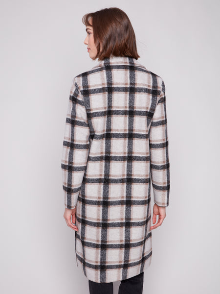 CHARLIE B C6382 LONG PLAID LUREX COAT