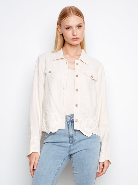 CHARLIE B C6398 LINEN JACKET WITH EMBROIDERED HEM