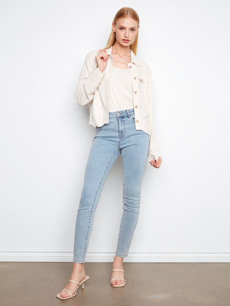 CHARLIE B C6398 LINEN JACKET WITH EMBROIDERED HEM