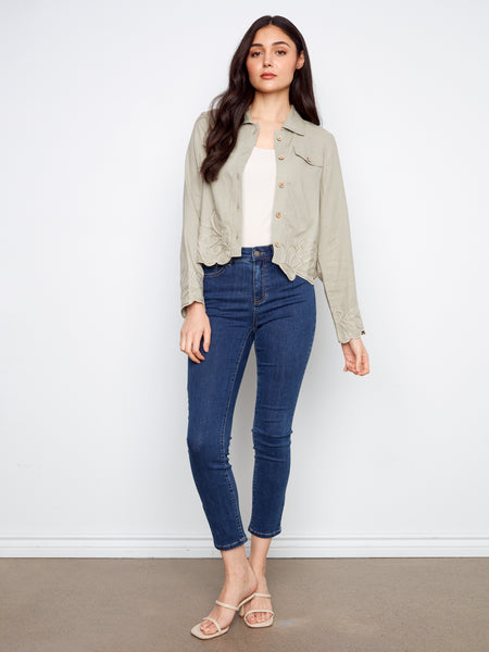 CHARLIE B C6398 LINEN JACKET WITH EMBROIDERED HEM